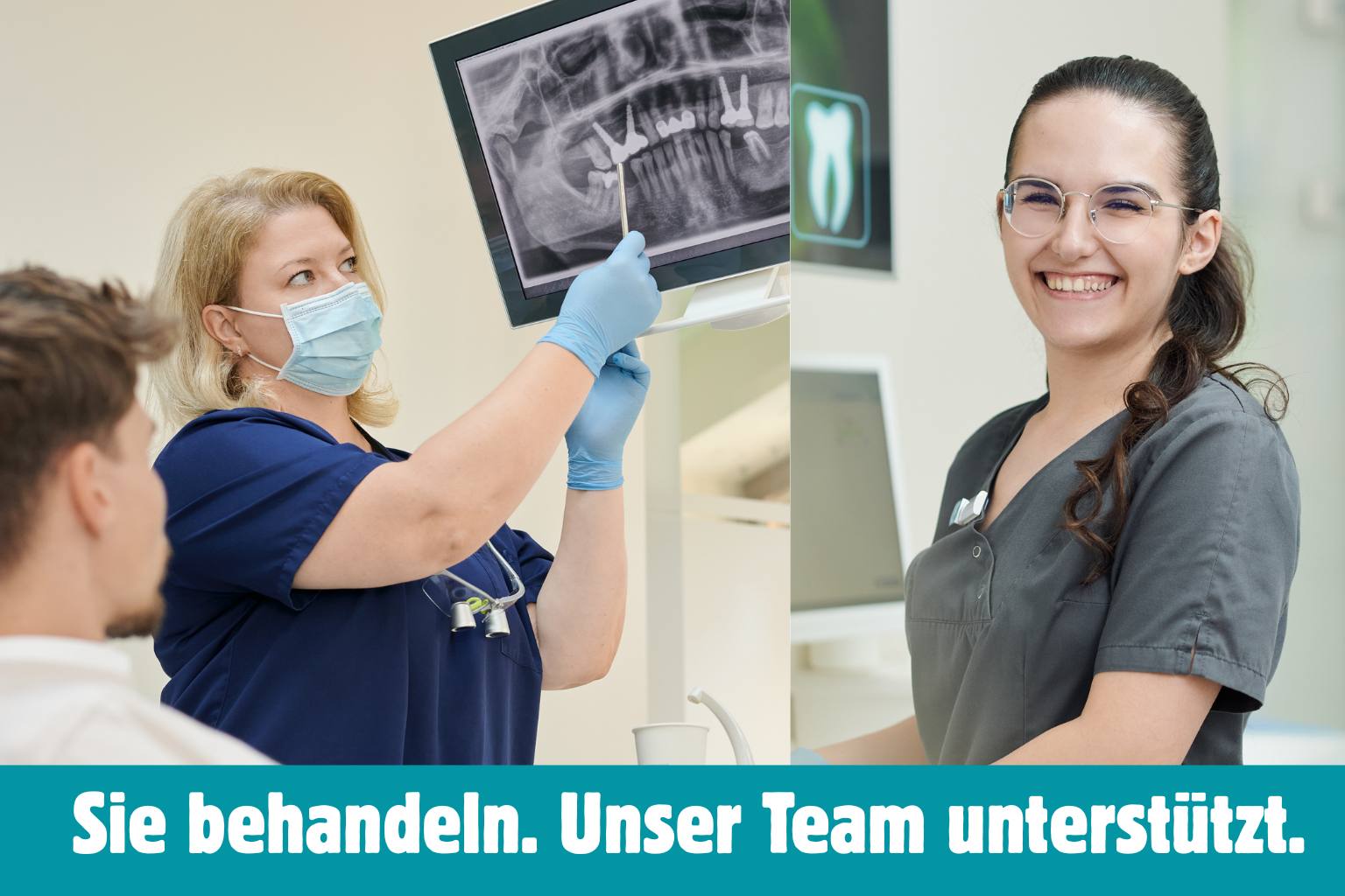 Zahnärztin und ZFA mit Patient im Behandlungsraum