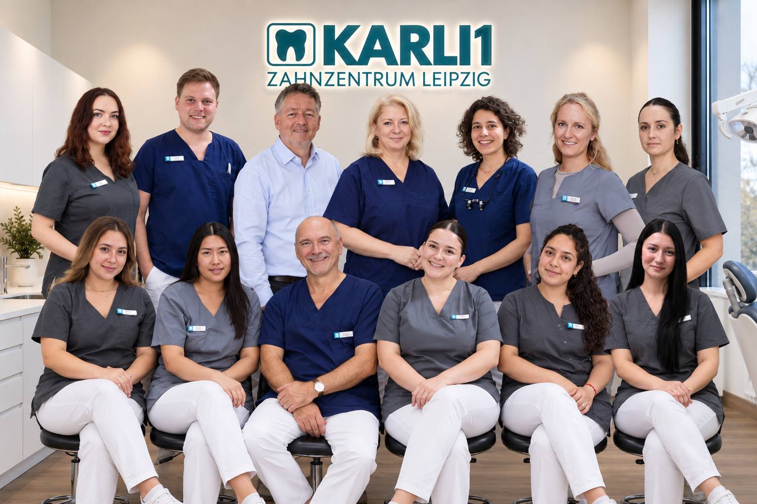 Das Team des KARLI1 Zahn Zentrums Leipzig im Behandlungszimmer der Praxis