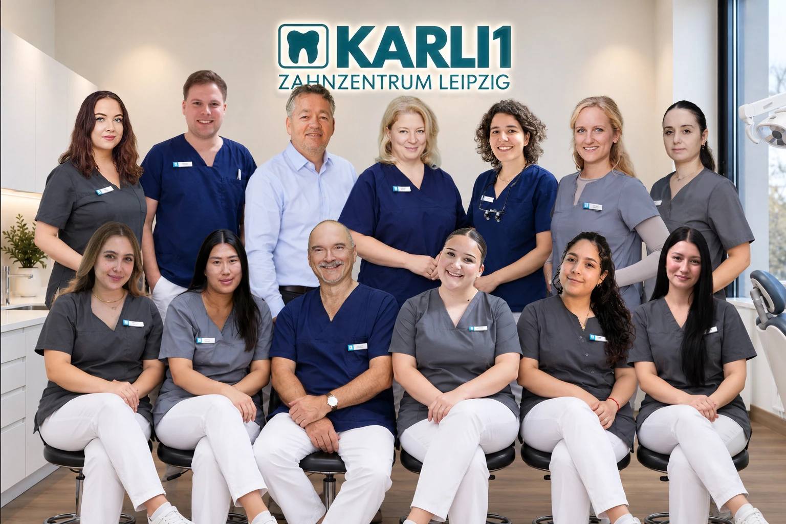 Das 13-köpfige Team des KARLI1 Zahnzentrums Leipzig, überwiegend in Praxiskleidung, vor dem KARLI1-Logo im Behandlungszimmer